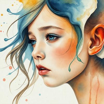The primary subject of the image is a woman with blue hair, who is looking downward. She has a pink lipstick on her lips, and her eyes are painted blue. The setting is a painting, which showcases the woman's beauty and the vibrant colors of her hair and makeup. The visual style is artistic, with the woman's features and the surrounding colors creating a captivating and unique portrait.